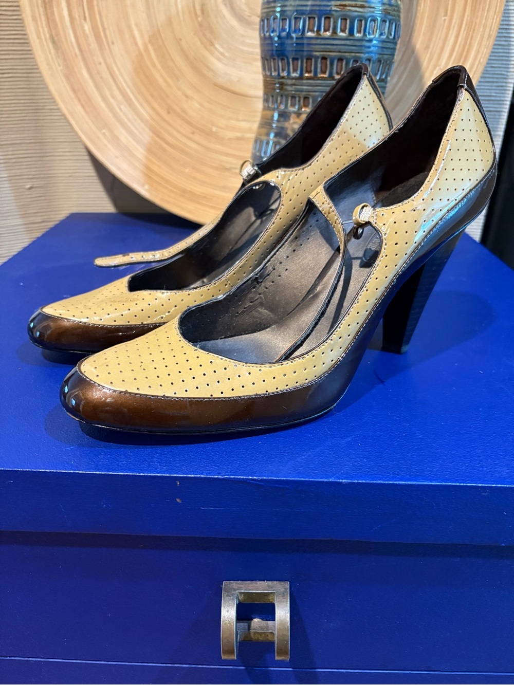 Vintage Joan & David Beige and Brown Perforated Patent Leather Heel Pumps